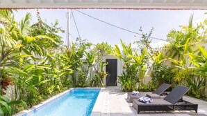 A swimming pool with lounge chairs and tropical plants. - Villa Harris (Canggu)