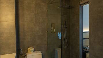 A modern bathroom with a glass-enclosed shower, a toilet, and a sink.