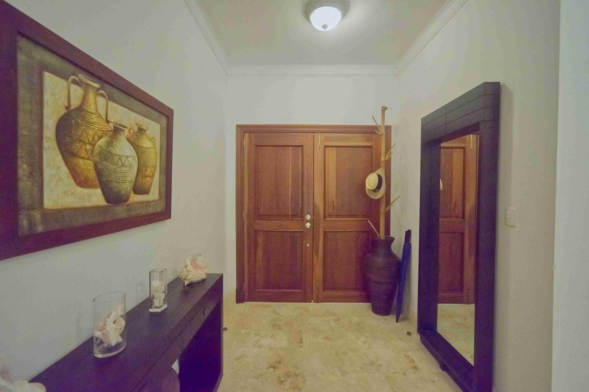 A hallway with a wooden door, a framed picture, and a mirror.