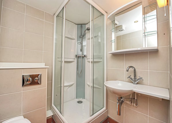 A modern bathroom with a glass-enclosed shower, a white sink with a chrome faucet, and a mirror above the sink.