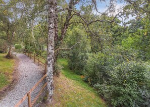 Un sentier de gravier bordé de rambardes en bois qui traverse une zone boisée.