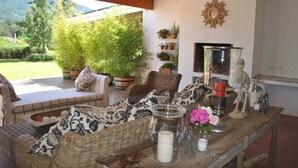 Un patio acogedor con mobiliario de mimbre, chimenea y plantas en macetas.