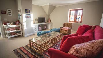 Smart TV, fireplace, DVD player, books