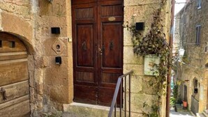Un edificio de piedra con una puerta doble de madera, una pequeña planta en maceta y una barandilla de metal en los escalones.
