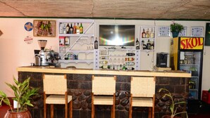 Un espace bar doté d’un comptoir en pierre, de tabourets de bar, d’un téléviseur, d’étagères remplies de bouteilles et d’un réfrigérateur portant l’inscription « SKOL ».