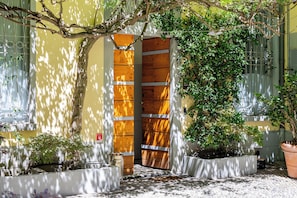 Una puerta de madera con barrotes de metal, una planta en maceta y un camino de hormigón.