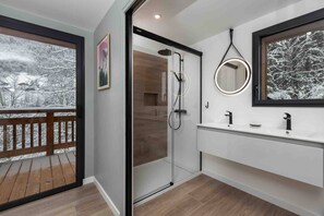 Shower, hair dryer, soap, shampoo