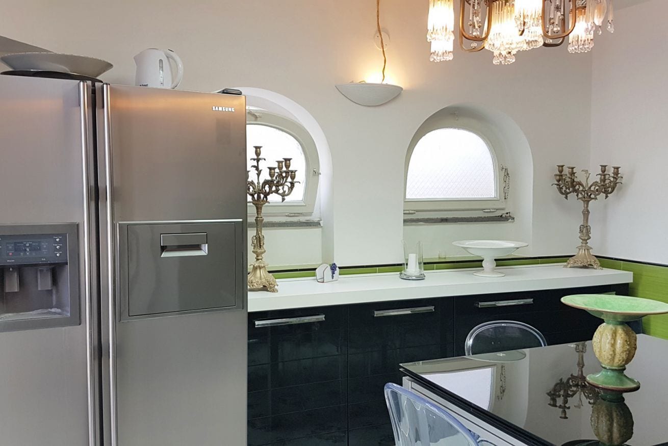 Fridge, microwave, dishwasher, cookware/dishes/utensils