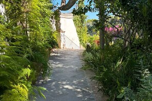 A paved pathway flanked by lush greenery and a stone structure in the distance.