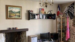 A living room with a fireplace, a television, and a bookshelf. - Large, bright apartment (Argentat-sur-Dordogne)