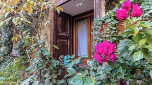 Eine Holztür mit Fenster, umgeben von üppigem Grün und leuchtend rosa Blüten.
