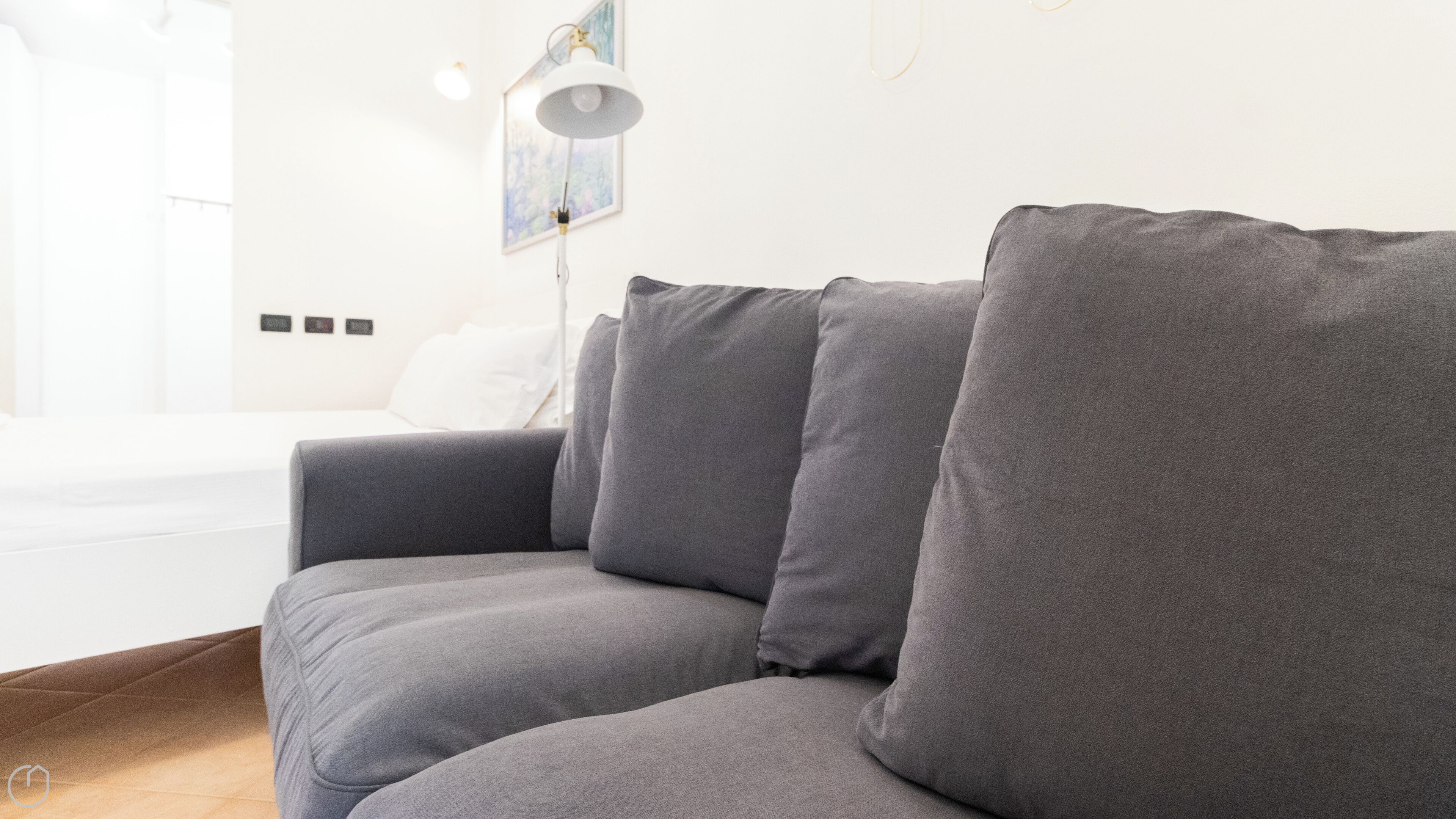 Ein graues Sofa mit mehreren Kissen in einem hellen Raum mit weißer Wand und einem gerahmten Bild.
