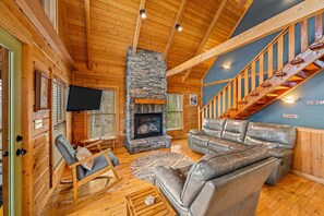 Smart TV, fireplace, books