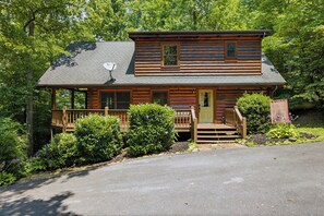 Een houten chalet met veranda en treden naar een deur, omringd door groen.