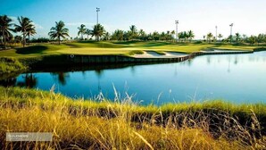 Een golfbaan met een waterpartij, palmbomen en schijnwerpers.