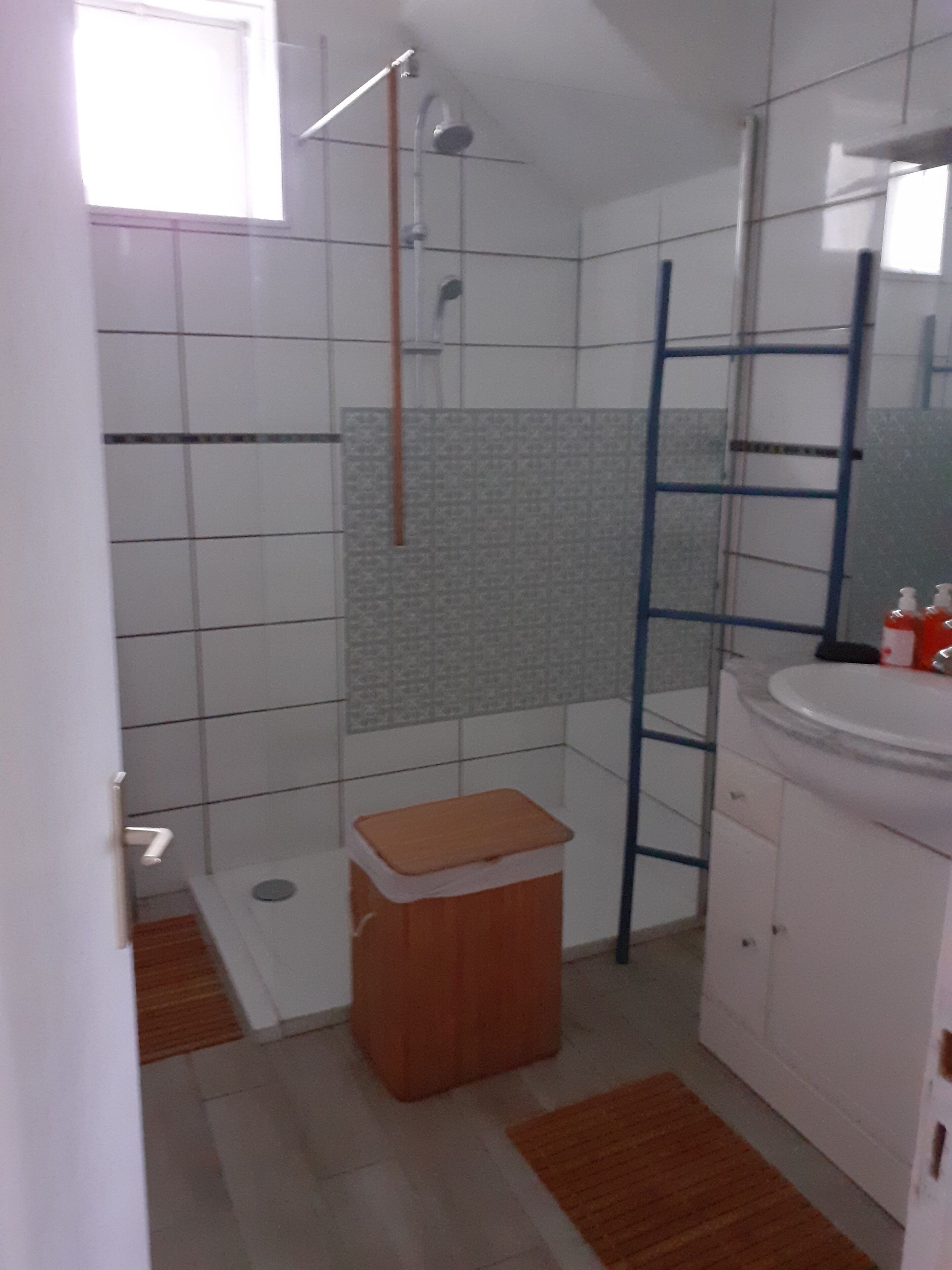 Et badeværelse med brusebad, toilet, vask og en træskammel.