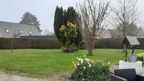 Un área de estar al aire libre con mobiliario de mimbre negro, un calentador solar de agua y un jardín con narcisos.
