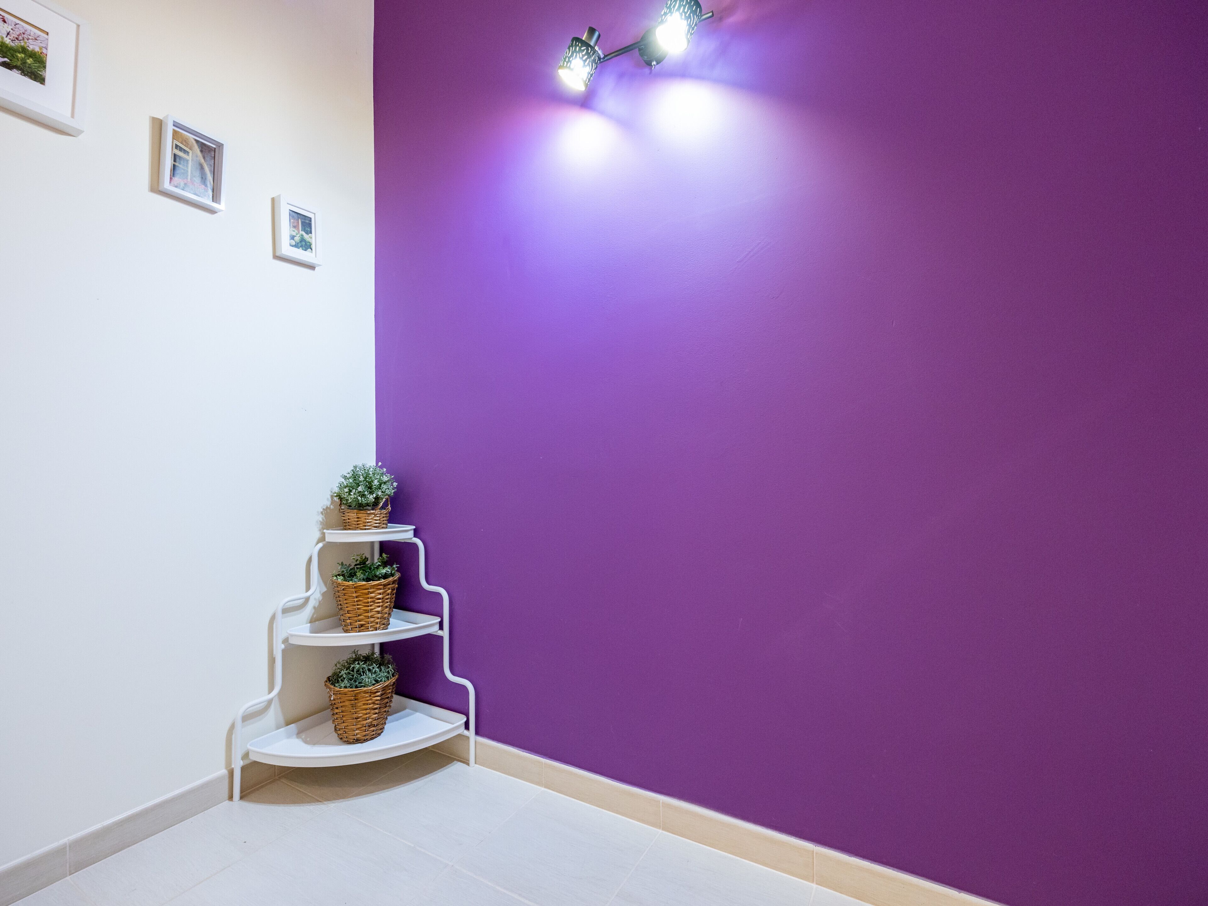 Una esquina de una habitación con una pared blanca, una pared morada y una estantería blanca con cestas que contienen plantas.