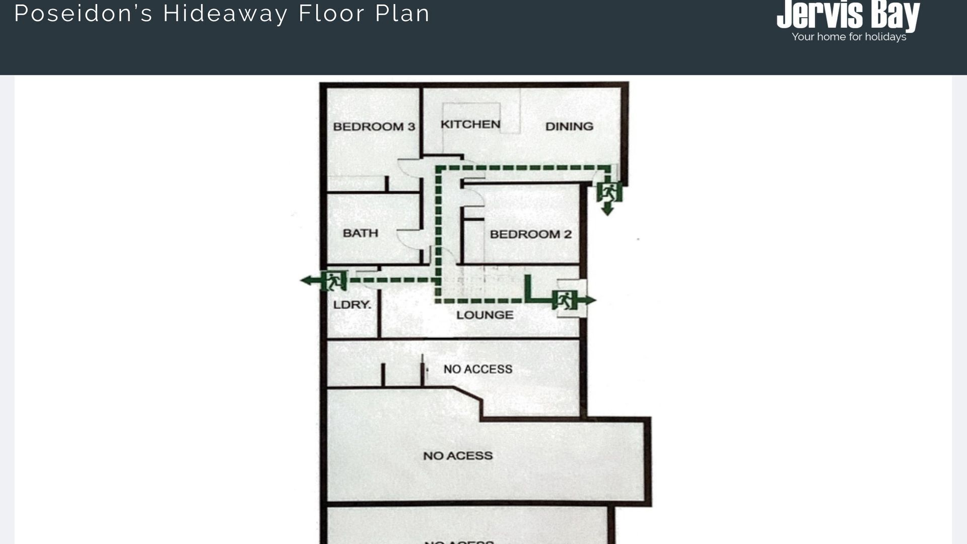 Grundplan for Poseidon’s Hideaway, der viser soveværelse 3, køkken, spisestue, badeværelse, soveværelse 2, opholdsstue og vaskerum.