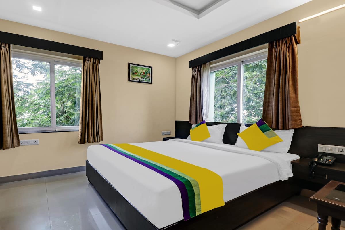 A hotel room with a large bed, two windows with curtains, a bedside table with a phone, and a painting on the wall.