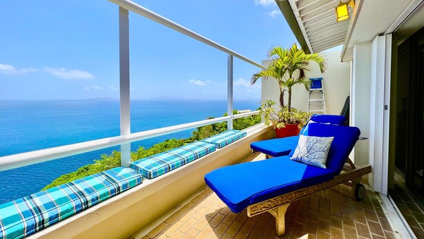 Un balcón con vista al océano, una planta en maceta y un sillón azul.