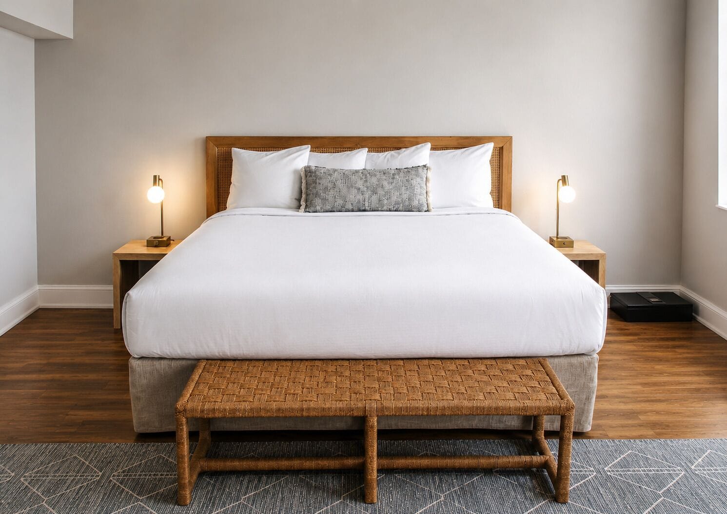 A neatly made bed with white bedding, two bedside lamps, a woven bench, and a patterned rug.