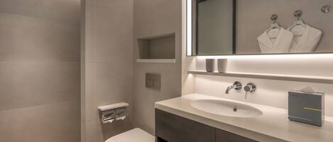 A modern bathroom with a toilet, sink, and mirror.