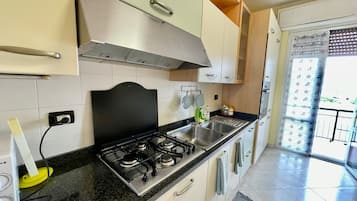 Fridge, microwave, oven, stovetop