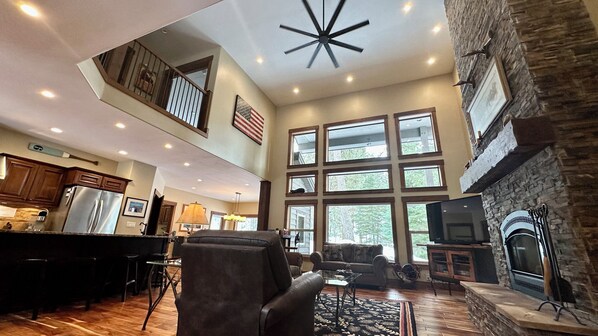 Smart TV, fireplace, video games, DVD player