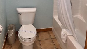 Un baño con inodoro, un bote de basura y zona de ducha con cortina.
