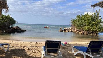 On the beach, sun loungers, beach towels