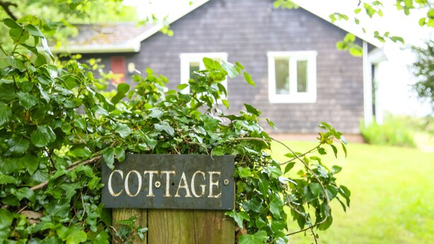 A wooden sign with the word "COTTAGE" in capital letters, surrounded by green foliage. - Henllys Lodge (Crymych)