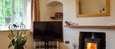 Ein Wohnzimmer mit Fernseher, Kamin und einem fenster mit Vorhängen.