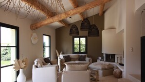 A spacious living room with a high ceiling, large windows, and a fireplace. - Maison ELA à lourmarin (Lourmarin)