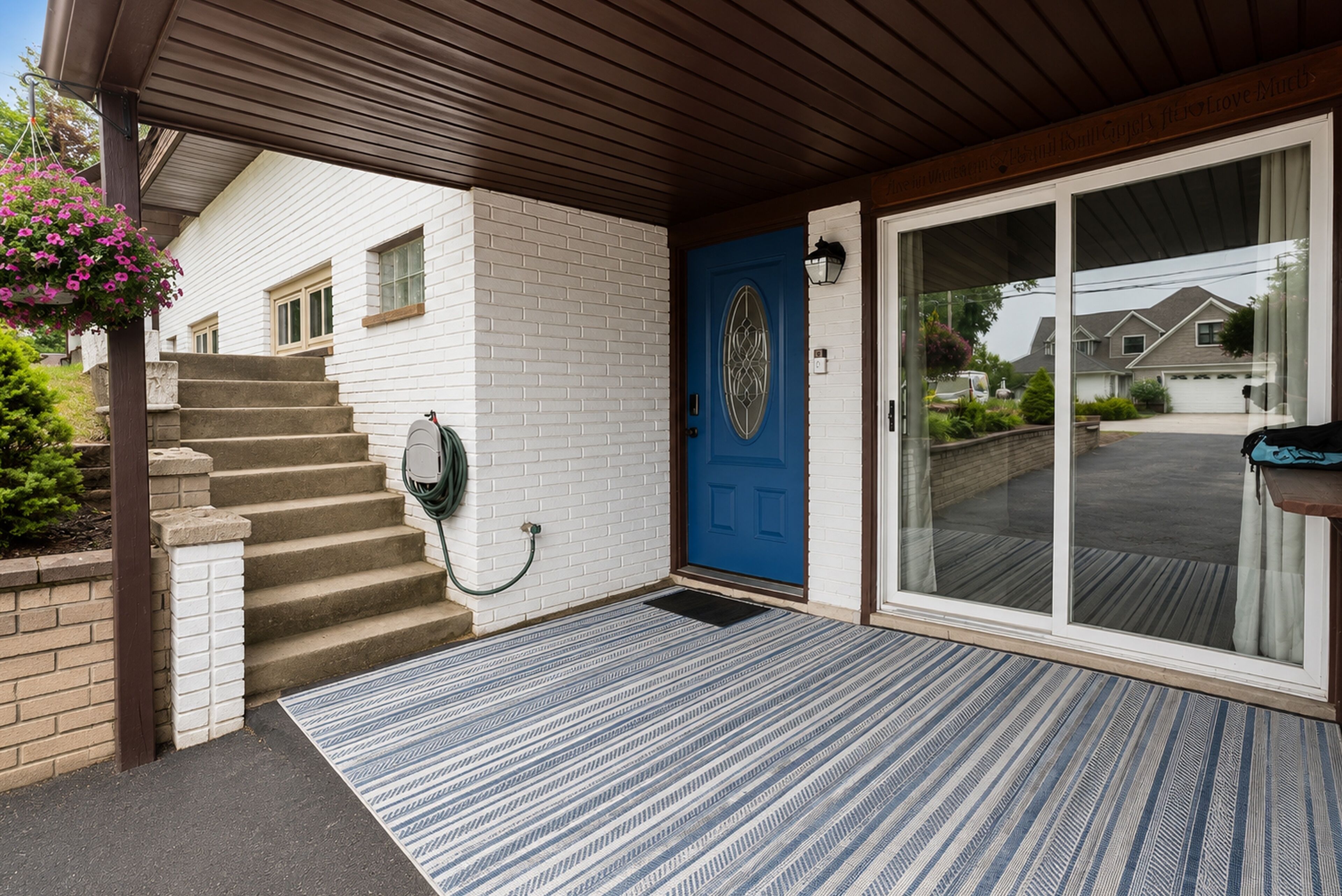 A house with a blue door, a covered porch, and a brick exterior.