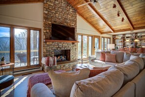 Smart TV, fireplace, books, computer monitors