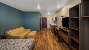 Een hotelkamer met een bed, een bank, een bureau, een televisie en een kledingkast.