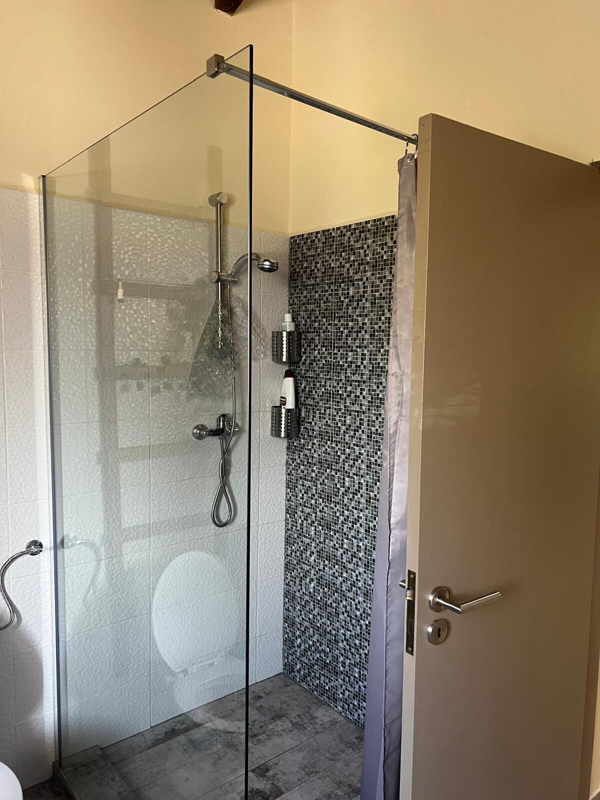 A glass-enclosed shower with a handheld showerhead and a wall-mounted faucet.