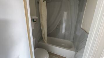A bathroom with a toilet, a bathtub, and a shower curtain.