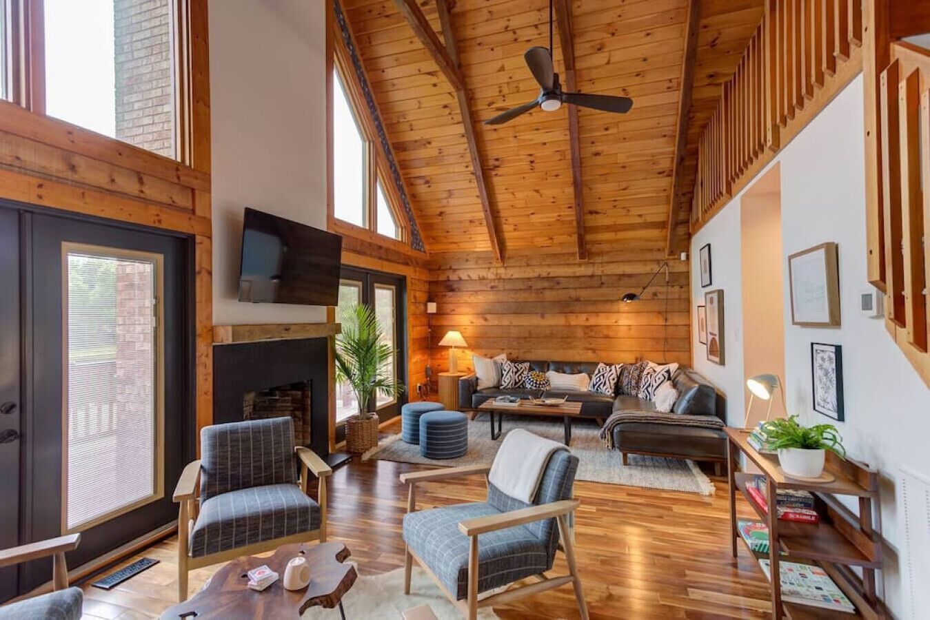 Smart TV, chimenea, libros y biblioteca musical 