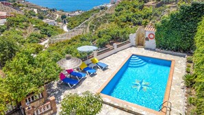 Una piscina con vistas al mar, rodeada de vegetación y un muro de piedra.