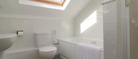 A modern bathroom with a skylight, a toilet, a bathtub, and a sink.