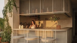 A bar area with a woman standing behind the counter, two bar stools, and a large potted plant. - Hotel Sureño Yucatán (Mérida)