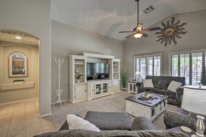 TV, music library, stereo