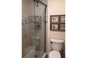Combined shower/tub, hair dryer, towels, soap
