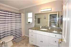 Bathtub, hair dryer, towels, toilet paper