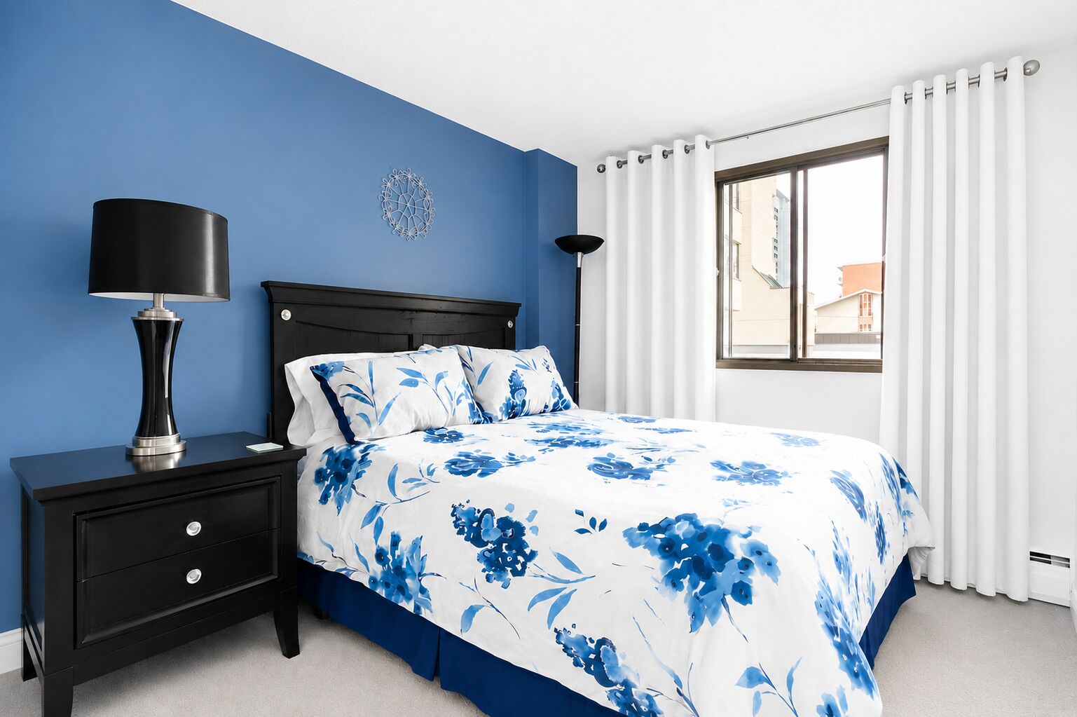 1 bedroom, desk, blackout drapes, iron/ironing board