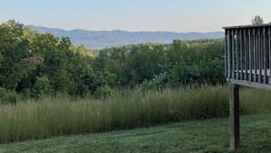 Eine Terrasse mit Blick auf eine üppige Landschaft und ferne Berge.
