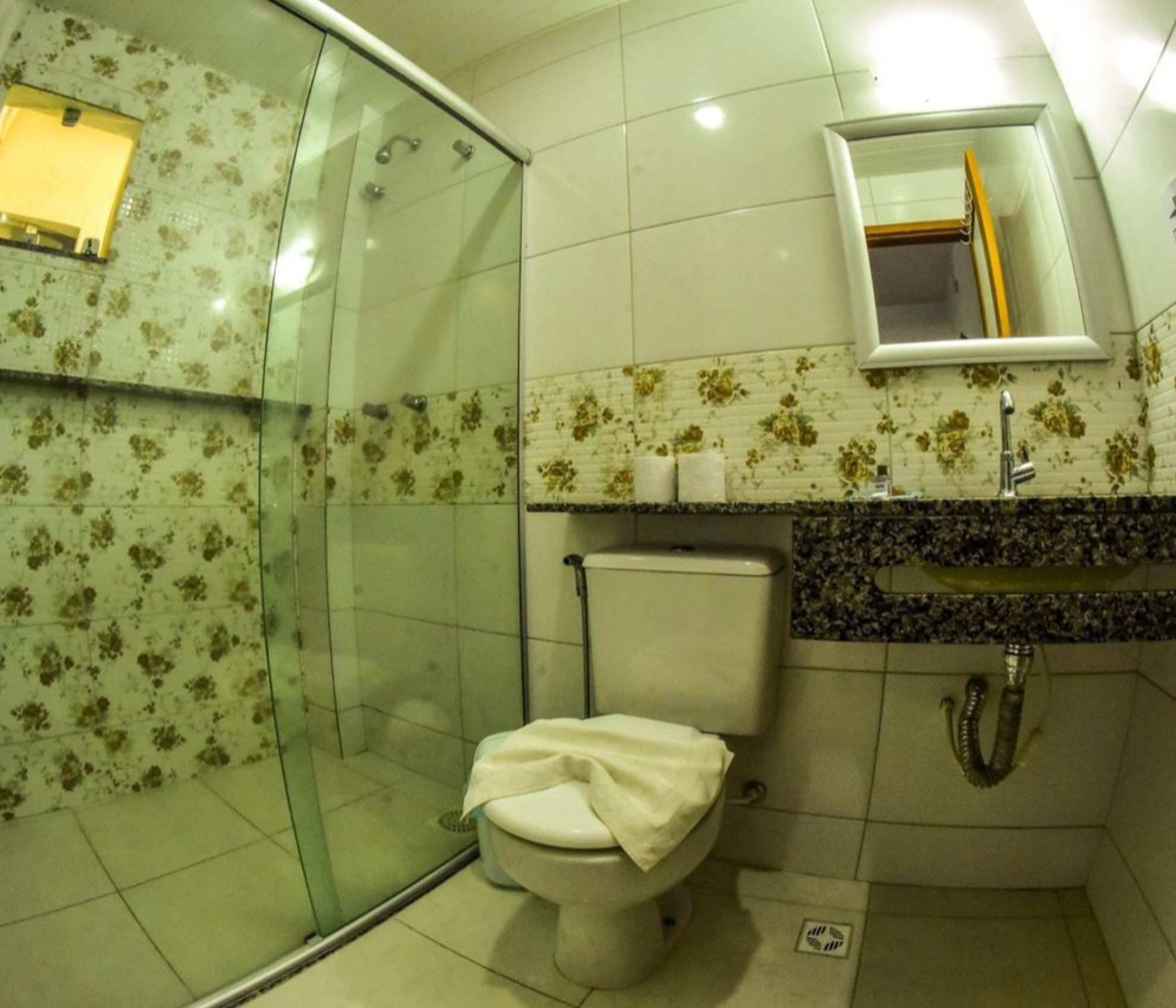 Een badkamer met een glazen douchecabine, toilet, wastafel met spiegel erboven en een betegelde muur met een bloemenmotief.