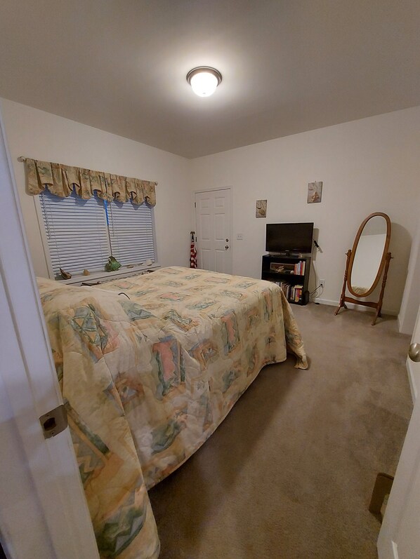 Un dormitorio con cama, televisor, espejo y puerta.